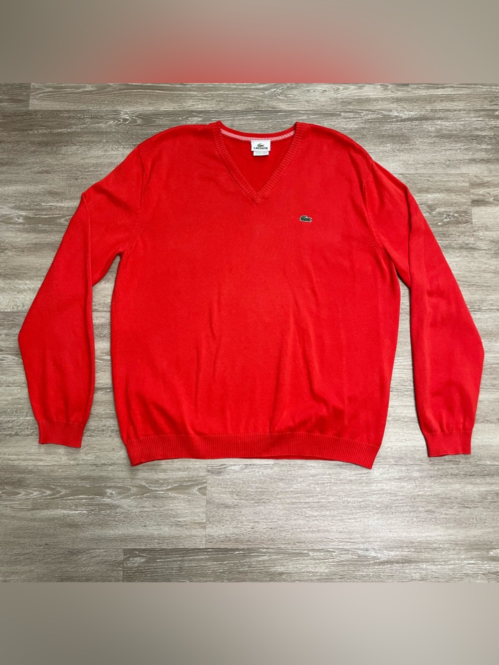 Lacoste Men's 100% Cotton V Neck Orange Red Long Sleeve Sweater Size 6 XL Preppy